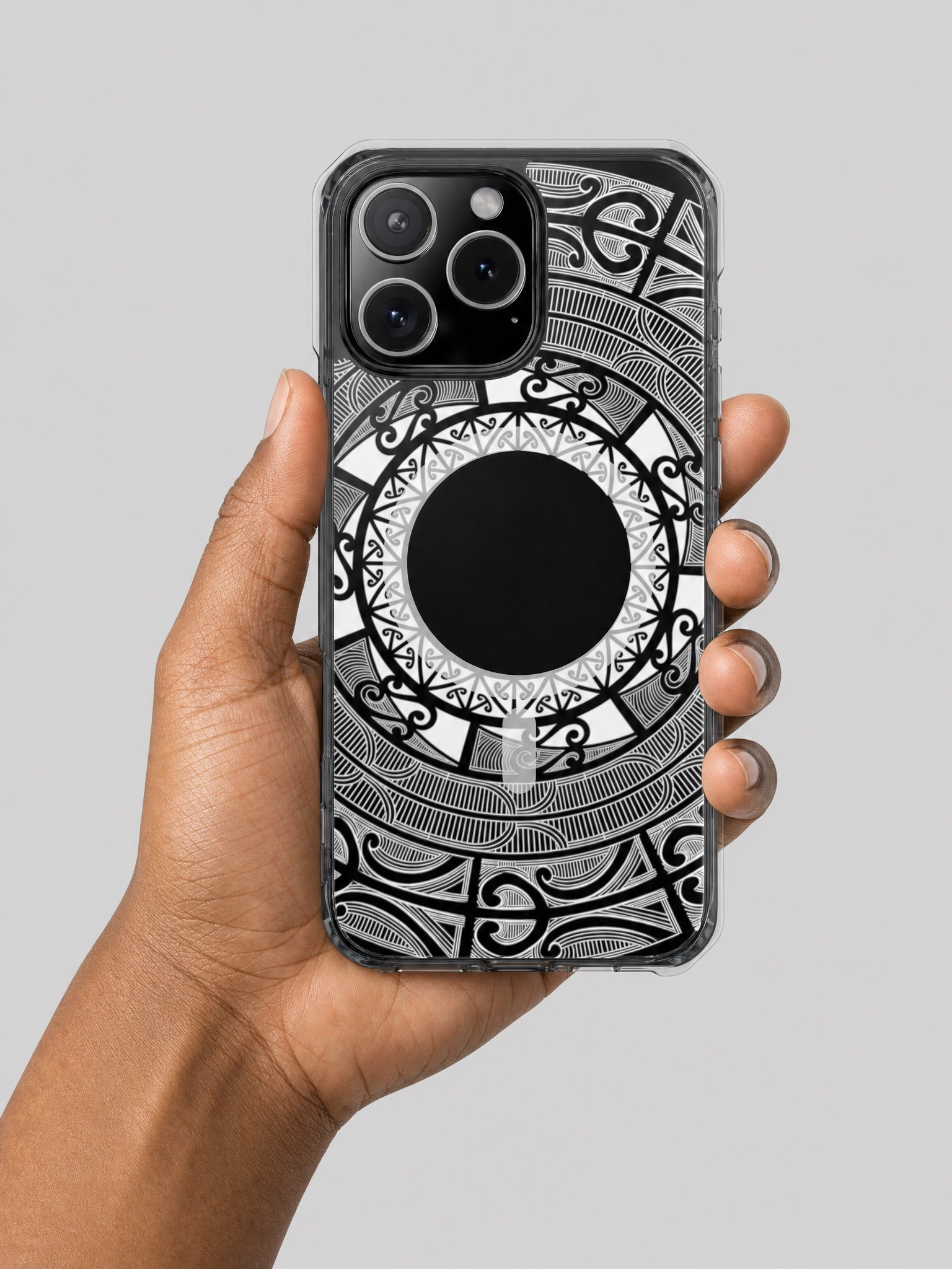 PasifikaOne MagSafe iPhone ClearCase - Māori on a light grey studio background