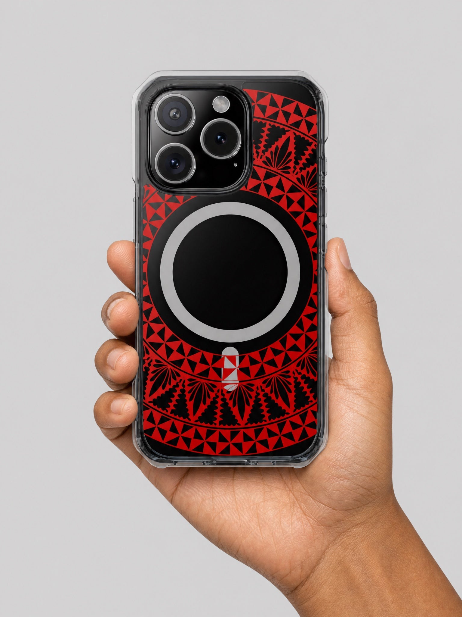 PasifikaOne MagSafe iPhone ClearCase - Tongan Redleaf on a light grey studio background
