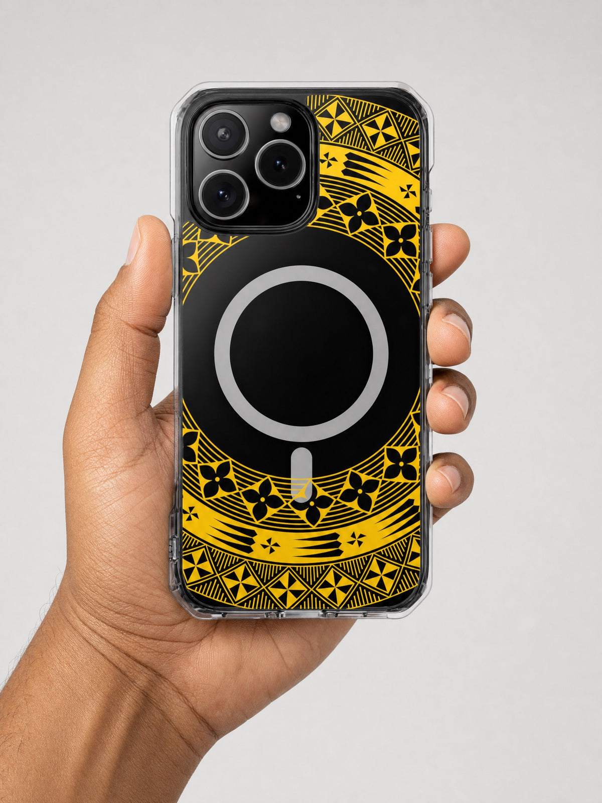PasifikaOne MagSafe iPhone ClearCase - Tongan Yellow on a light grey studio background