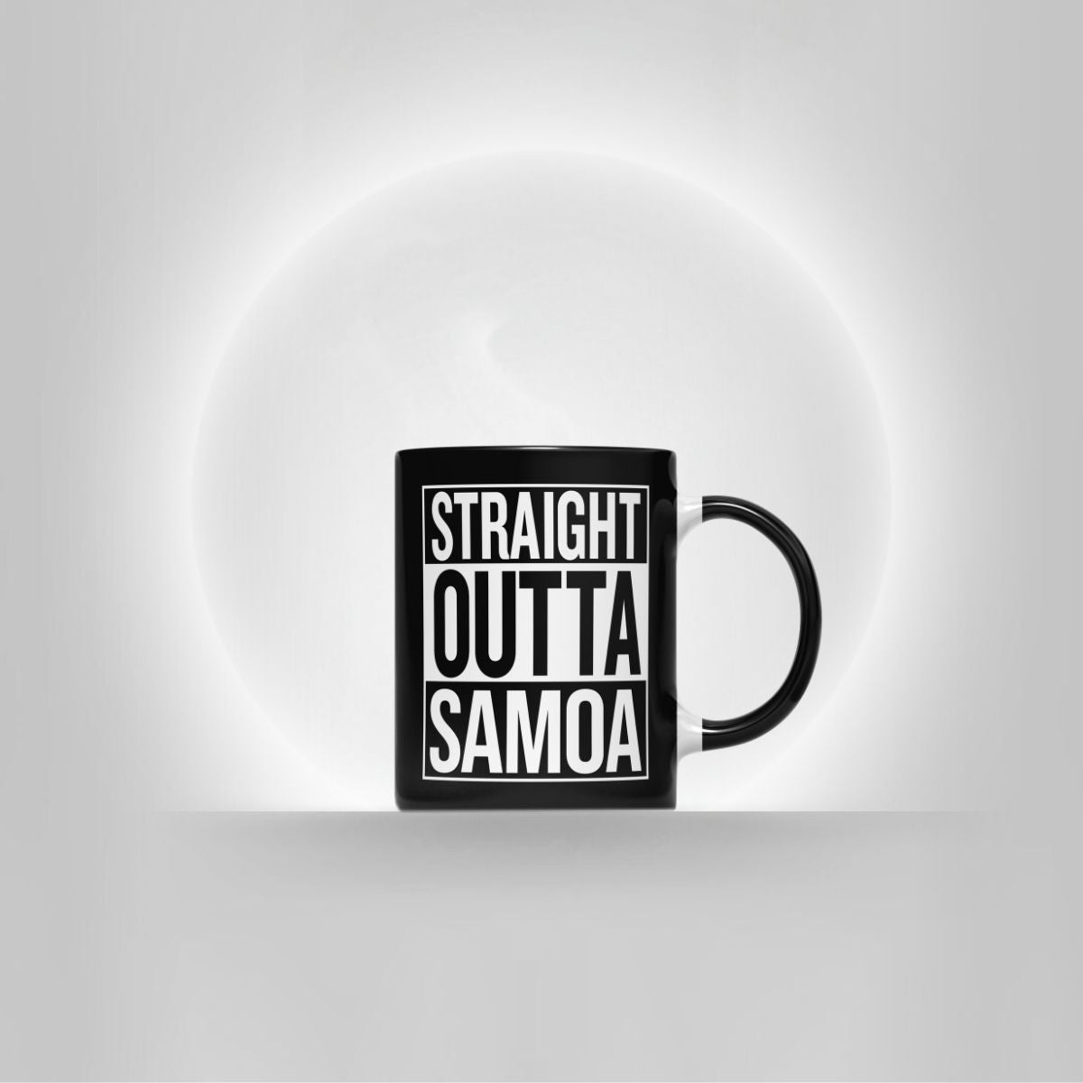 Black LimaLuxe™ 325ml mug by Prima Printing featuring "Straight Outta Samoa" design, perfect for hot beverages.