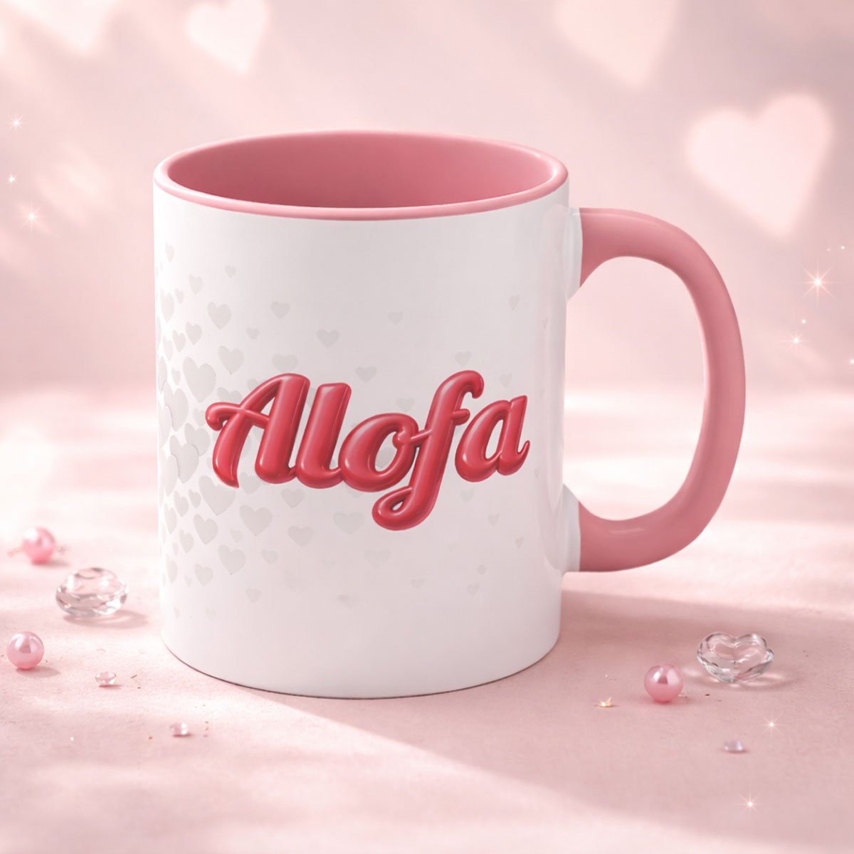 Pink LimaLuxe™ 325ml mug by Prima Printing featuring Alofa design, perfect for hot beverages in AU/NZ.