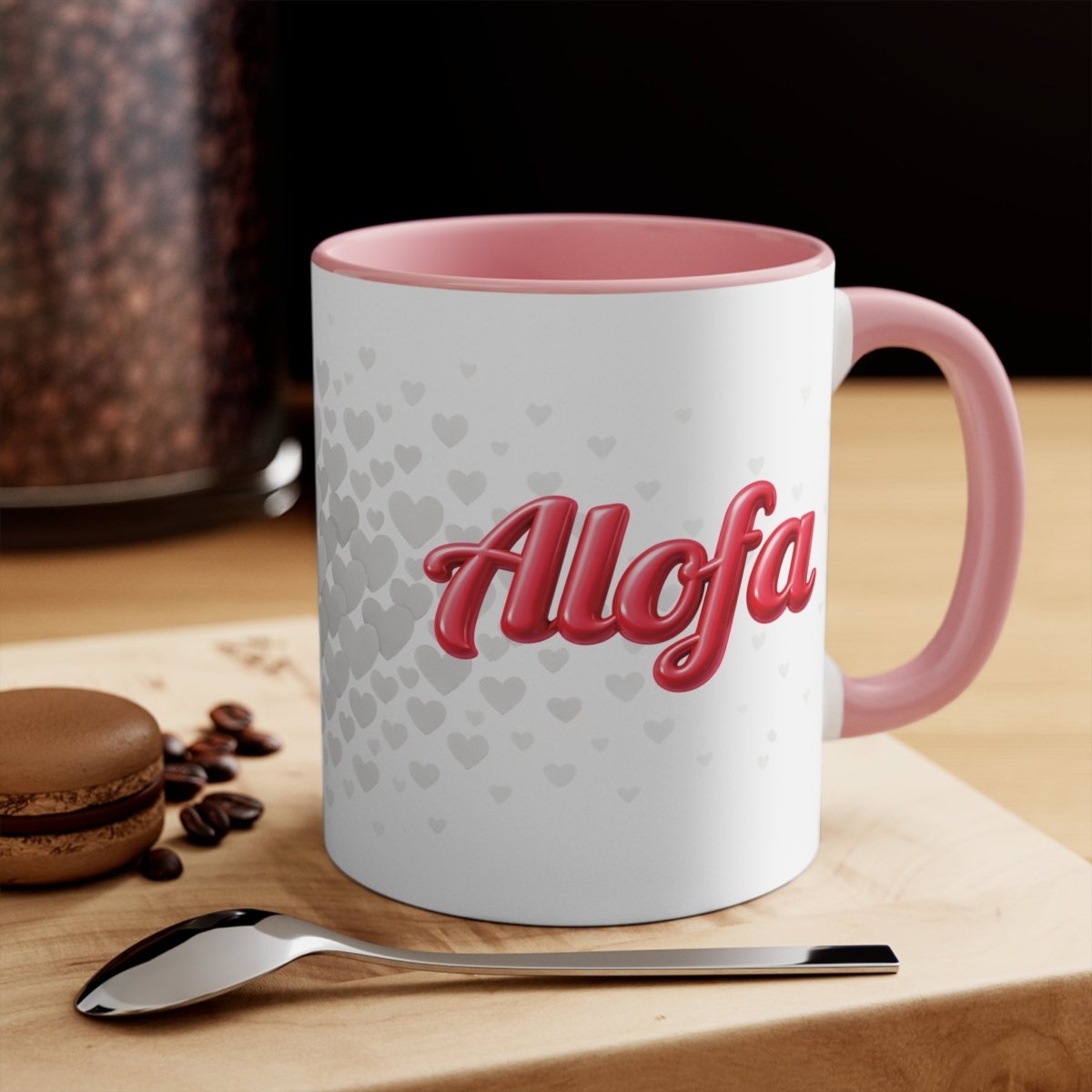 Pink LimaLuxe™ 325ml mug by Prima Printing with Alofa design, perfect for hot beverages, featuring a stylish and comfortable handle.