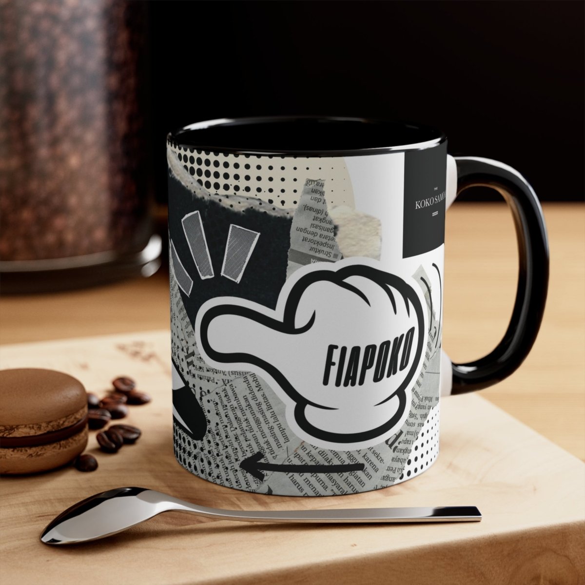 Black LimaLuxe™ 325ml mug with "Look At Fiapoko" design, showcasing a stylish ceramic mug for AU/NZ market.