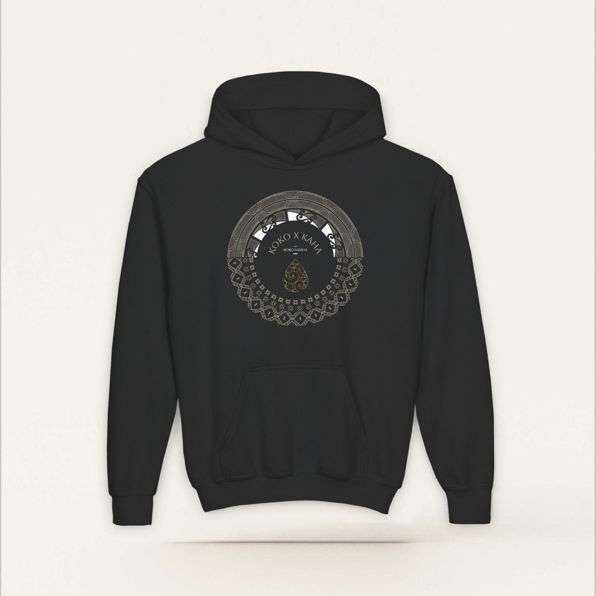 Black kids hoodie by The Print Bar featuring PasifikaOne Aotearoa Samoa design, suitable for AU, NZ, and USA sizes.