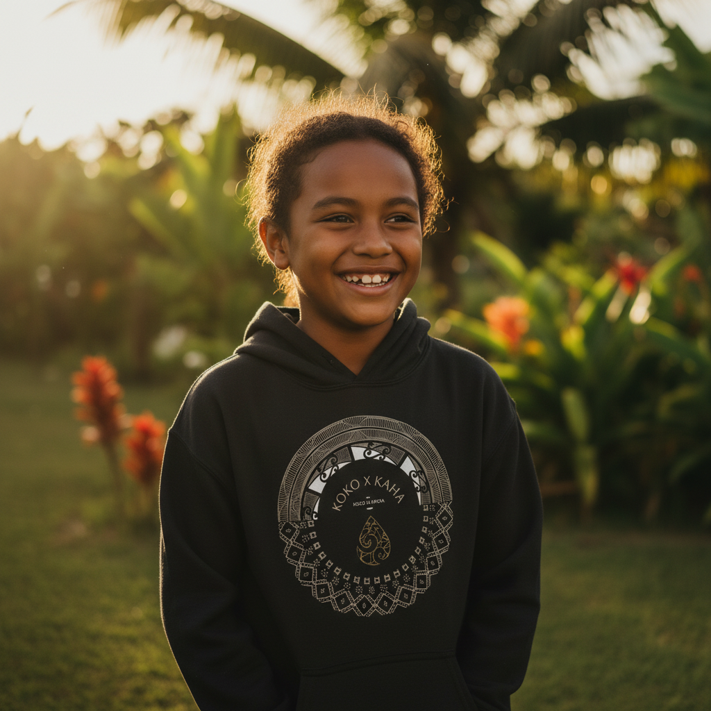 Black kids hoodie by The Print Bar featuring PasifikaOne Aotearoa Samoa design, suitable for AU, NZ, and USA sizes.
