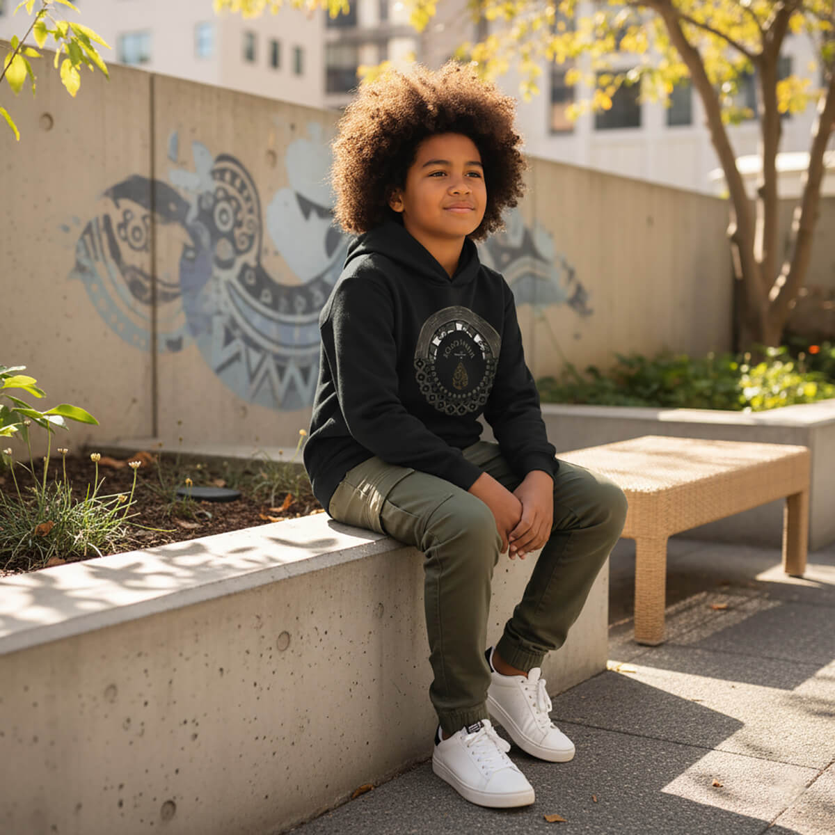 Black kids hoodie featuring PasifikaOne Aotearoa Samoa design by The Print Bar, casual hoodie for children.