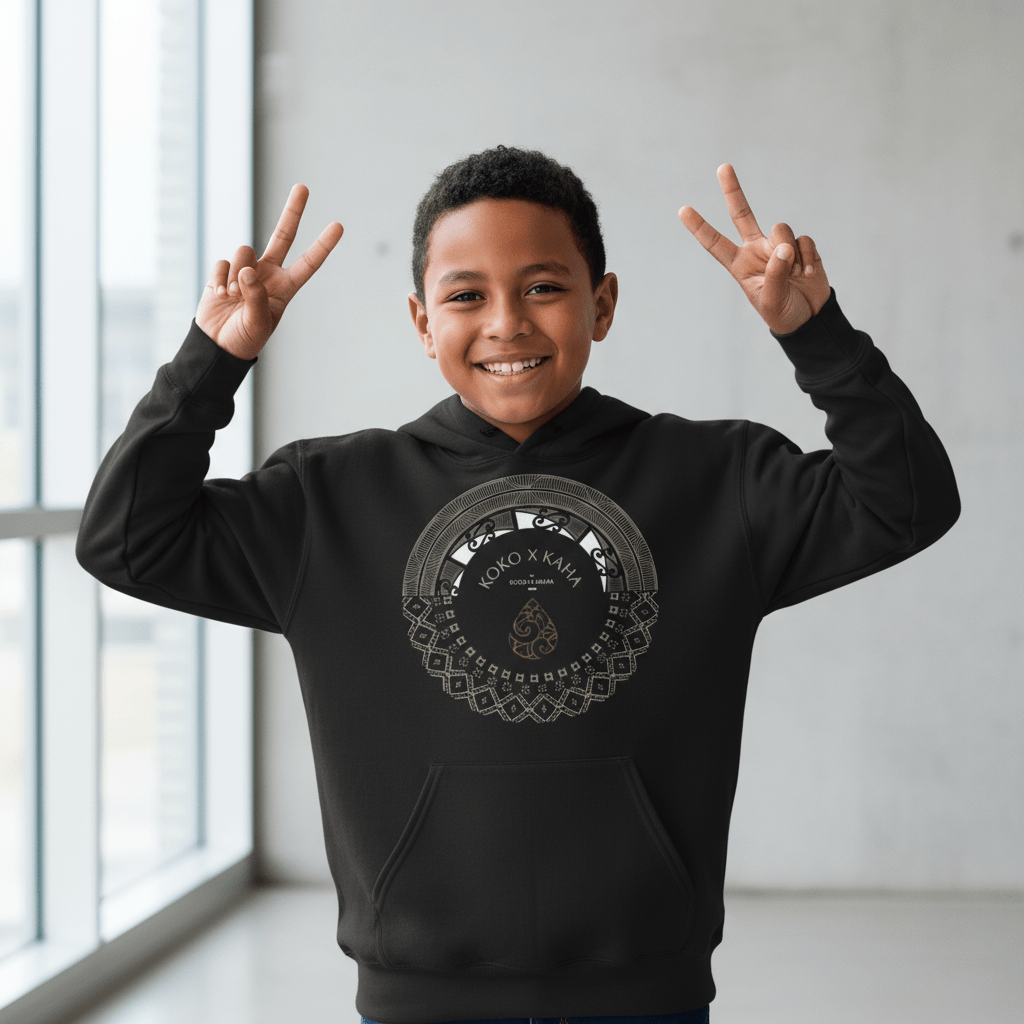 Black kids hoodie by The Print Bar featuring PasifikaOne Aotearoa Samoa design, suitable for AU, NZ, and USA sizes.
