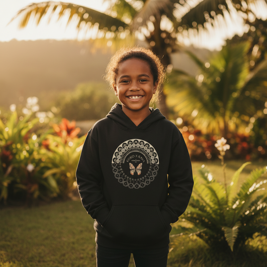 Black kids hoodie by Printify featuring PasifikaOne Fiji Samoa design, suitable for AU, NZ, and US sizes.