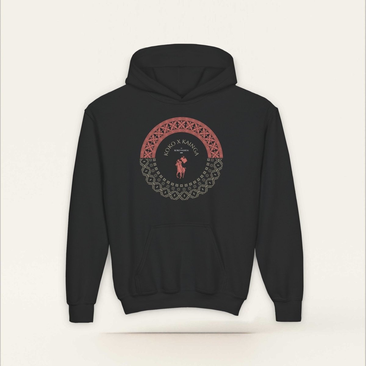 Black kids hoodie by The Print Bar featuring colorful PasifikaOne Tonga Samoa design, suitable for AU, NZ, and USA sizes.