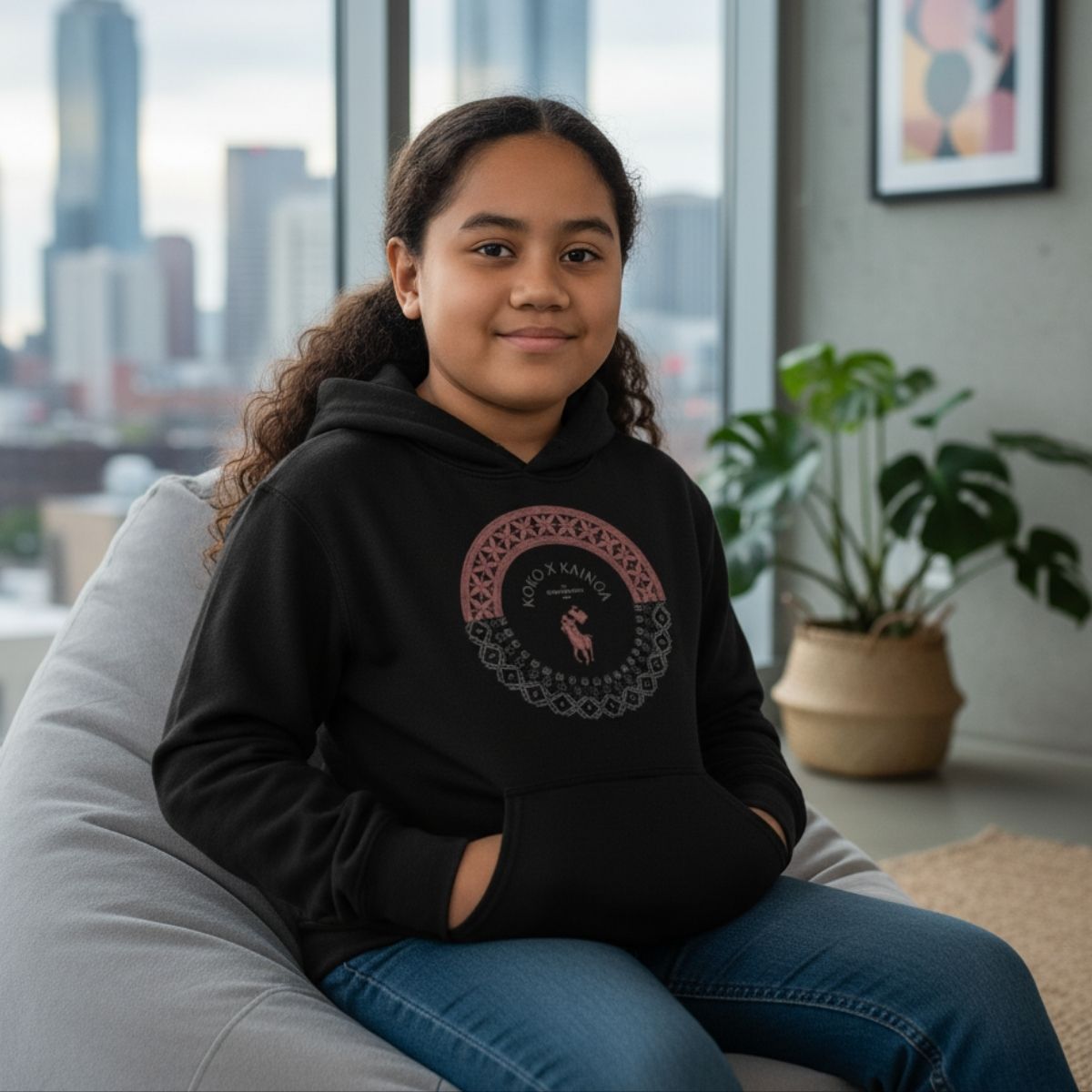 Black kids hoodie by The Print Bar featuring PasifikaOne Tonga Samoa design, suitable for AU, NZ, and USA sizes.