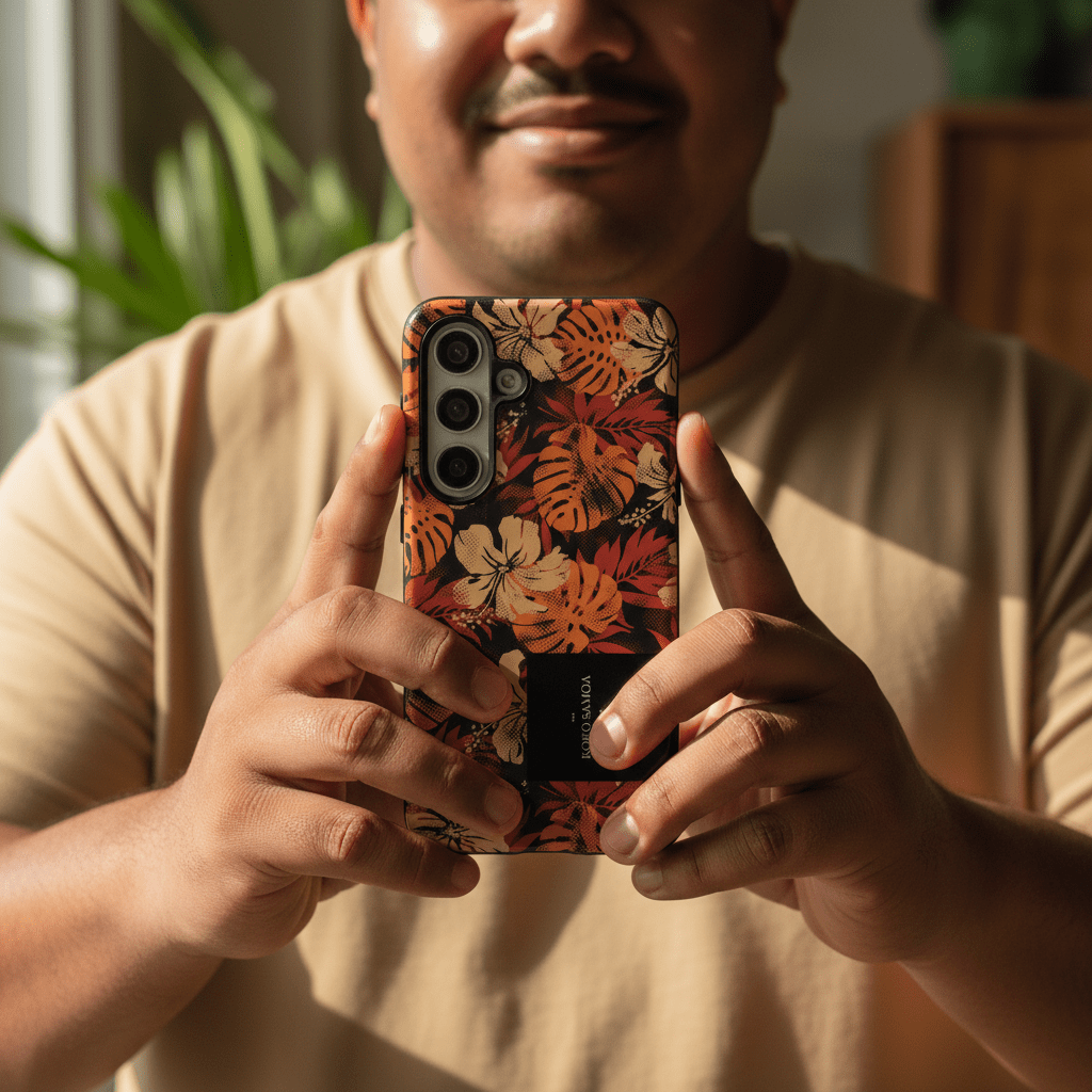 Samsung Tough Phone Case by WOYC in Lalomanu Ember design, rugged protective case for Samsung phones with tropical pattern.