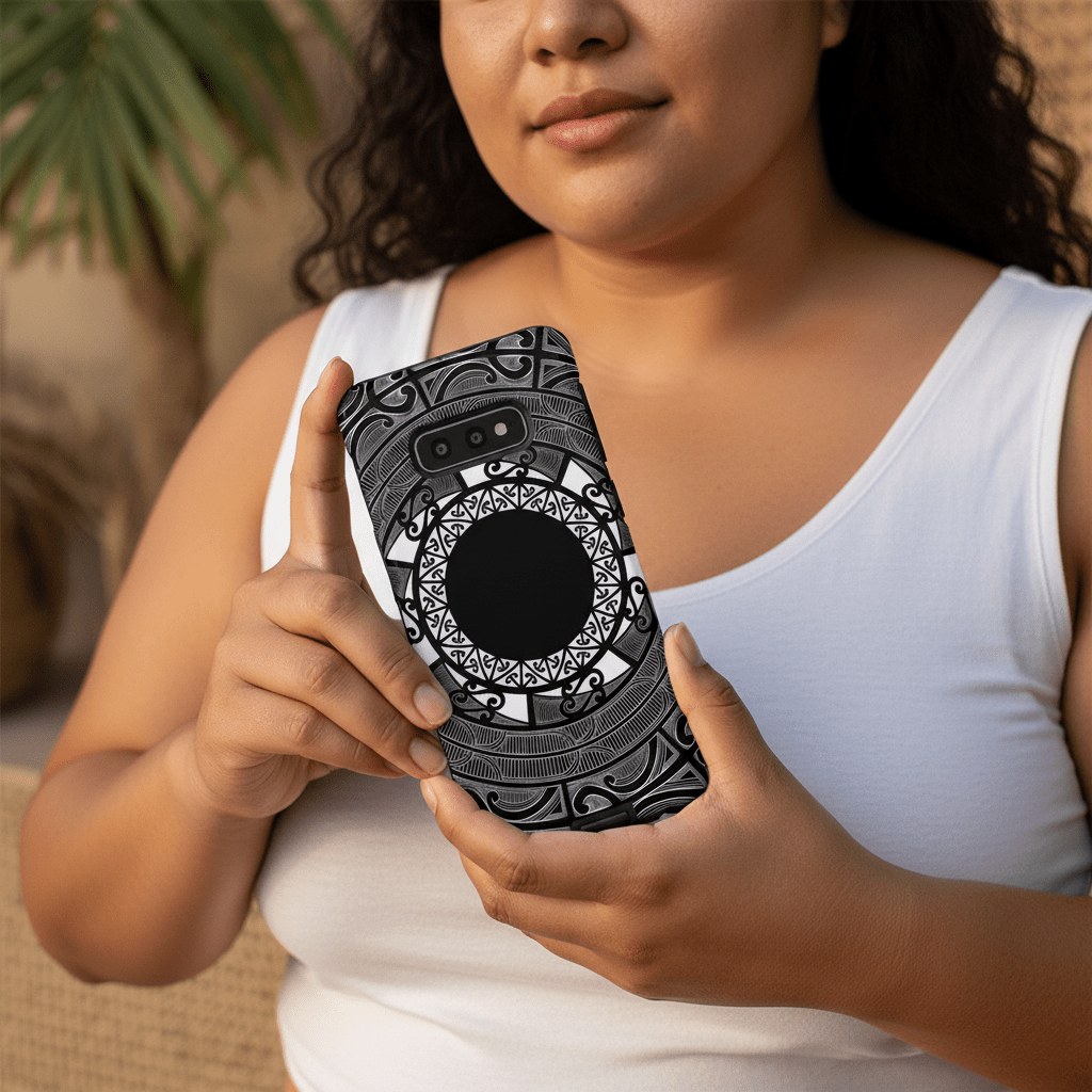 WOYC PasifikaOne MagSafe clear case for iPhone featuring Māori design with Samoan Koko pattern, compatible with AU, NZ, and USA models.