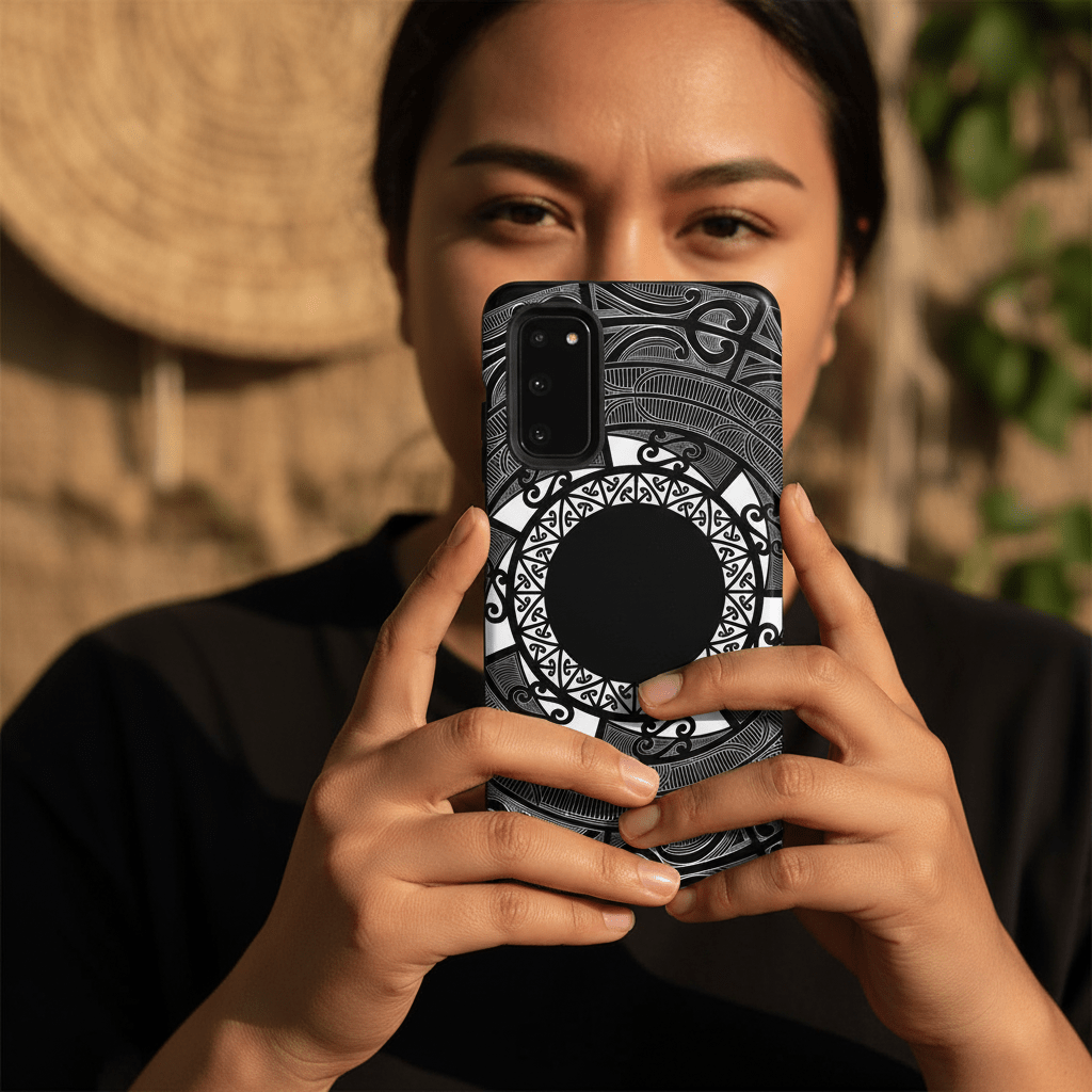 Samsung phone case with Māori Koko Samoa design, clear MagSafe case by WOYC for iPhone, featuring traditional Māori art.