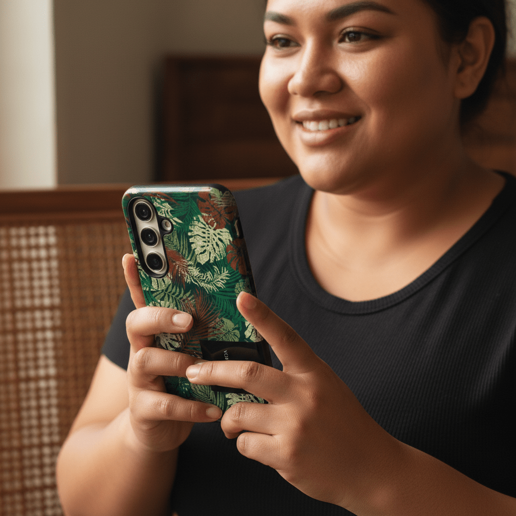 Samsung Tough Phone Case by WOYC in Tafatafa Greens, designed for durability and style, featuring a vibrant green pattern.