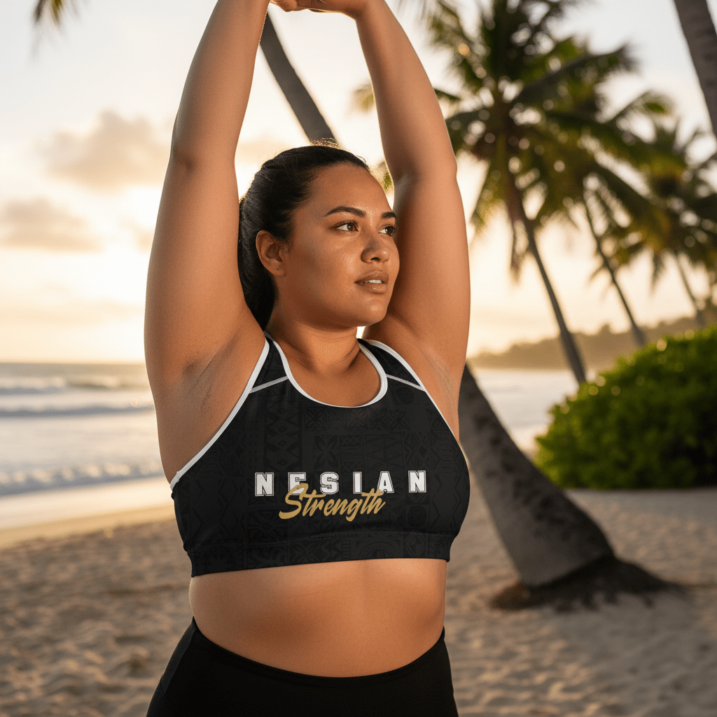 Nesian Strength seamless sports bra by FYBY, in black, featuring supportive design for active wear and workout comfort.