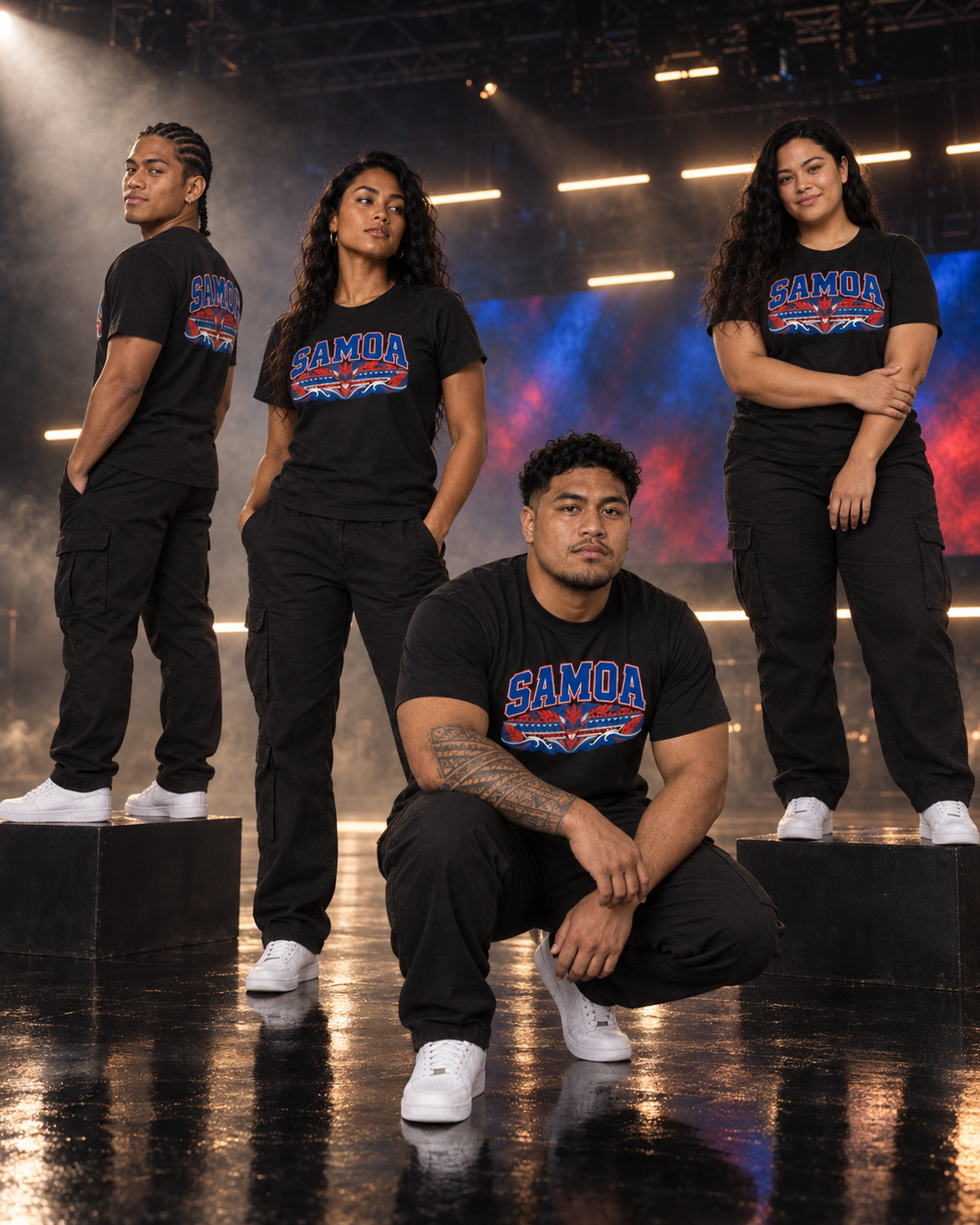 Four friends in the Samoa Varsity tee on a dark soundstage, blue and red stage light behind them