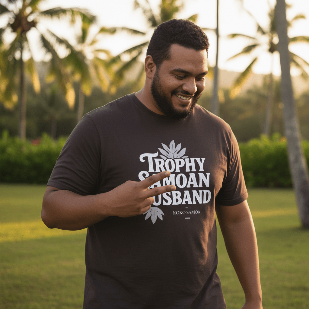 Unisex soft men's tee featuring Trophy Samoan Husband graphic, casual fit, in natural fabric, by The Print Bar.