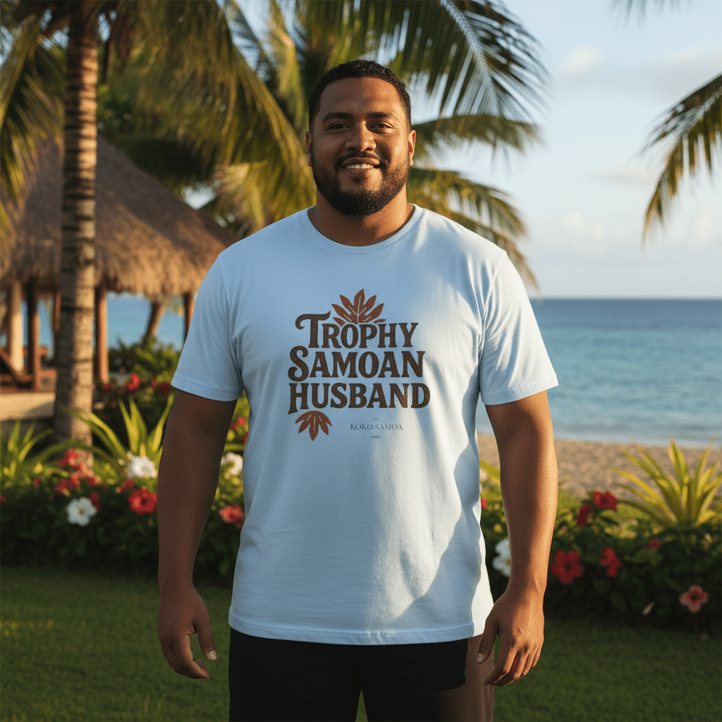 Unisex soft men's T-shirt featuring a Trophy Samoan Husband design by The Print Bar, displayed on a plain background.