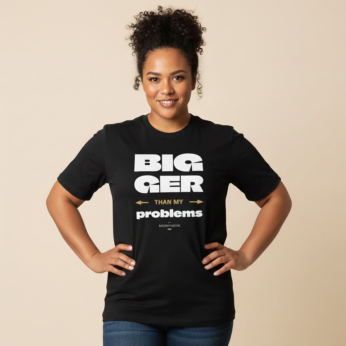 Unisex soft T-shirt with "Bigger Than Problems" personalized design, in natural fabric, by The Print Bar for AU/NZ.