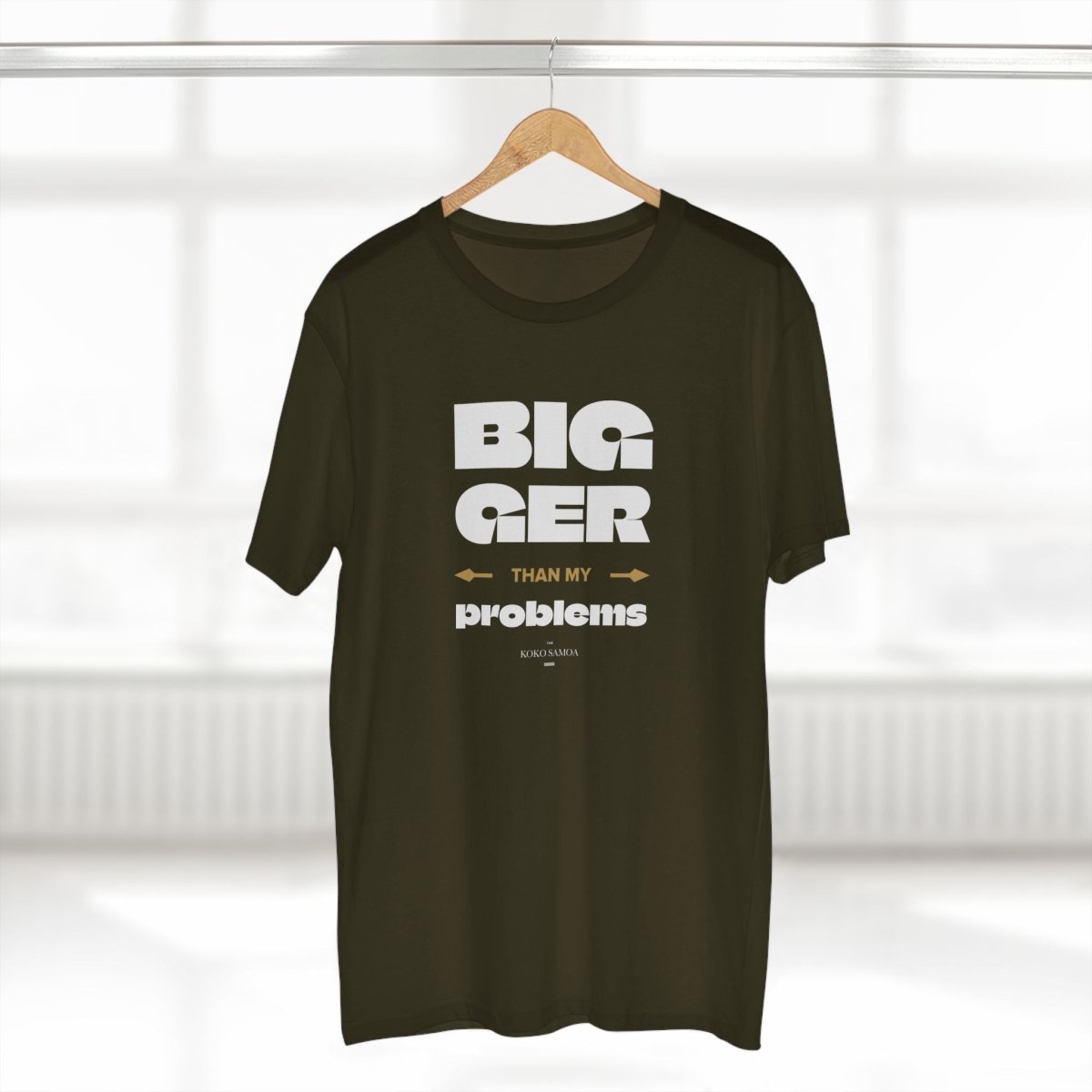 Unisex soft tee with "Bigger Than Problems" personalized print, casual style, by The Print Bar, in AU/NZ size options.