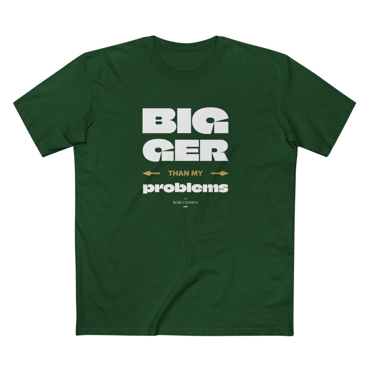 Unisex soft T-shirt with "Bigger Than Problems" personalized design, made by The Print Bar, in soft fabric, worn by a person.