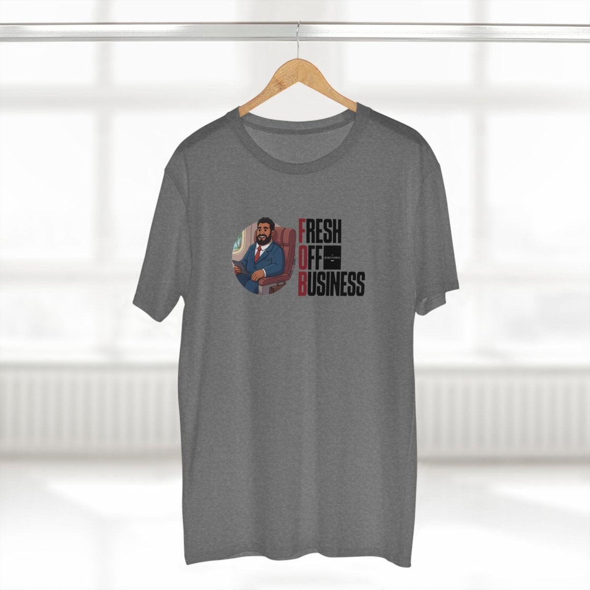 Soft unisex tee from The Print Bar featuring "Fresh Off Business" design, modeled in a relaxed fit, casual style for AU/NZ markets.