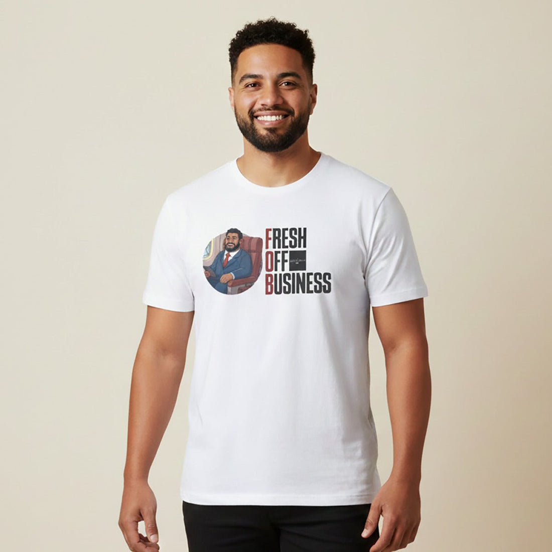 Unisex soft T-shirt from The Print Bar with "Fresh Off Business" print, light fabric, casual style, perfect for everyday wear.