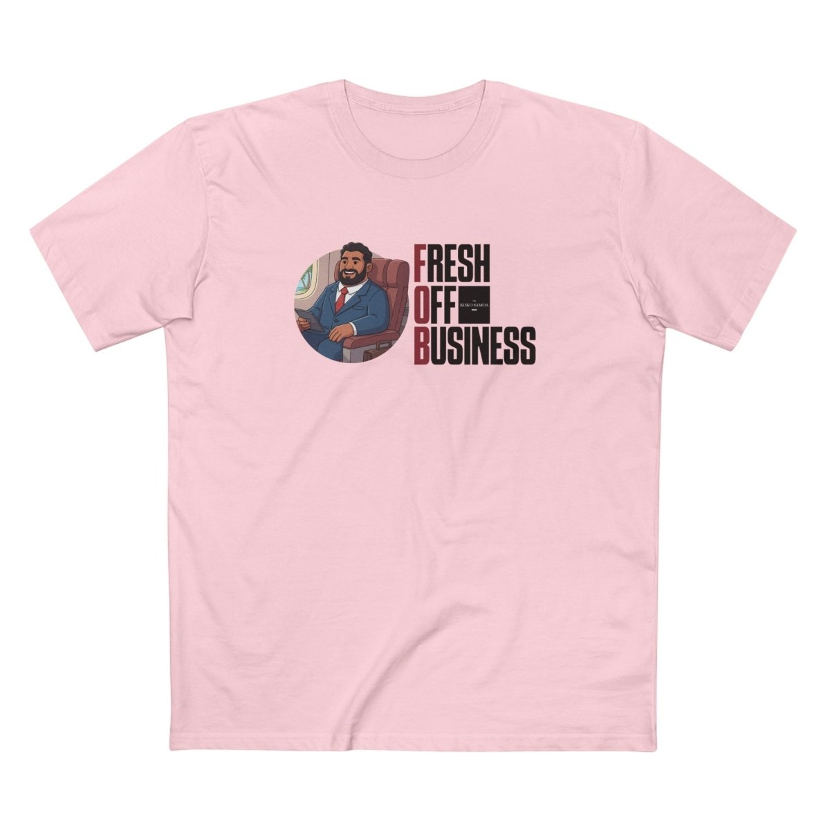 Unisex soft tee by The Print Bar with personalized "Fresh Off Business" design, featuring tropical motifs on a light fabric.