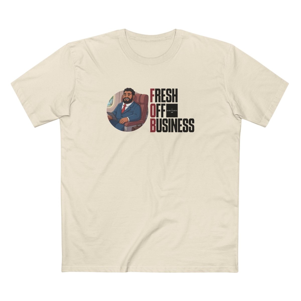 Unisex soft tee from The Print Bar with "Fresh Off Business" design, shown in a casual wear setting.