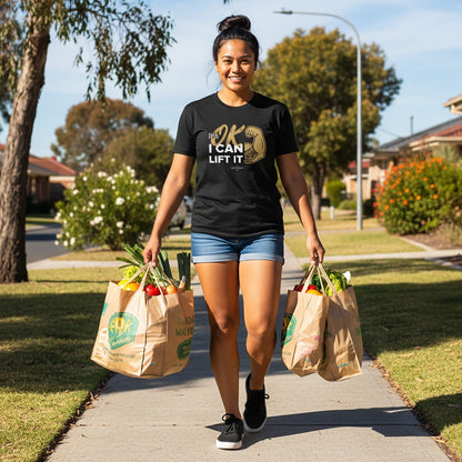Soft unisex tee with "I Can Lift It" personalisation, featuring comfortable fabric and casual fit from The Print Bar.