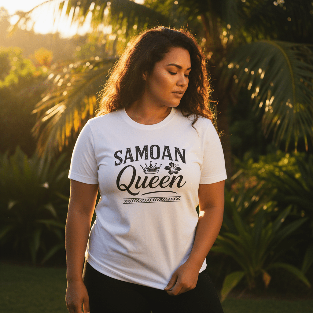 Unisex soft tee featuring a Samoan Queen design, made by The Print Bar, with vibrant print and comfortable fabric.