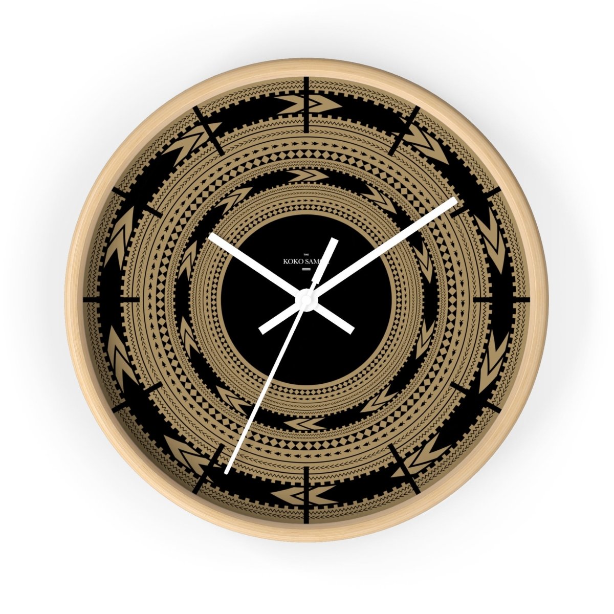 Black 10-inch wall clock with Pe'a design, suitable for AU, NZ, and USA home decor, featuring a modern round shape.