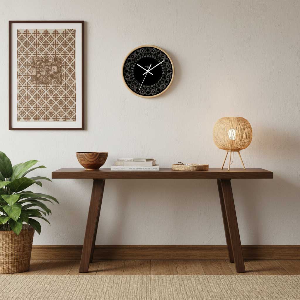 Black wall clock with white face and minimalist design, 10-inch size, from Malu home decor collection.