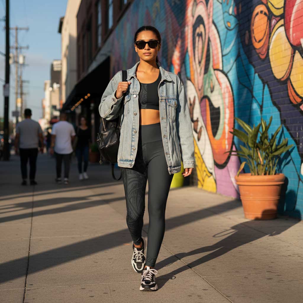 Miami Sublimation IslandRise high-waisted leggings in Bloom Dark, showcasing a stylish dark floral pattern on a plus-size model.