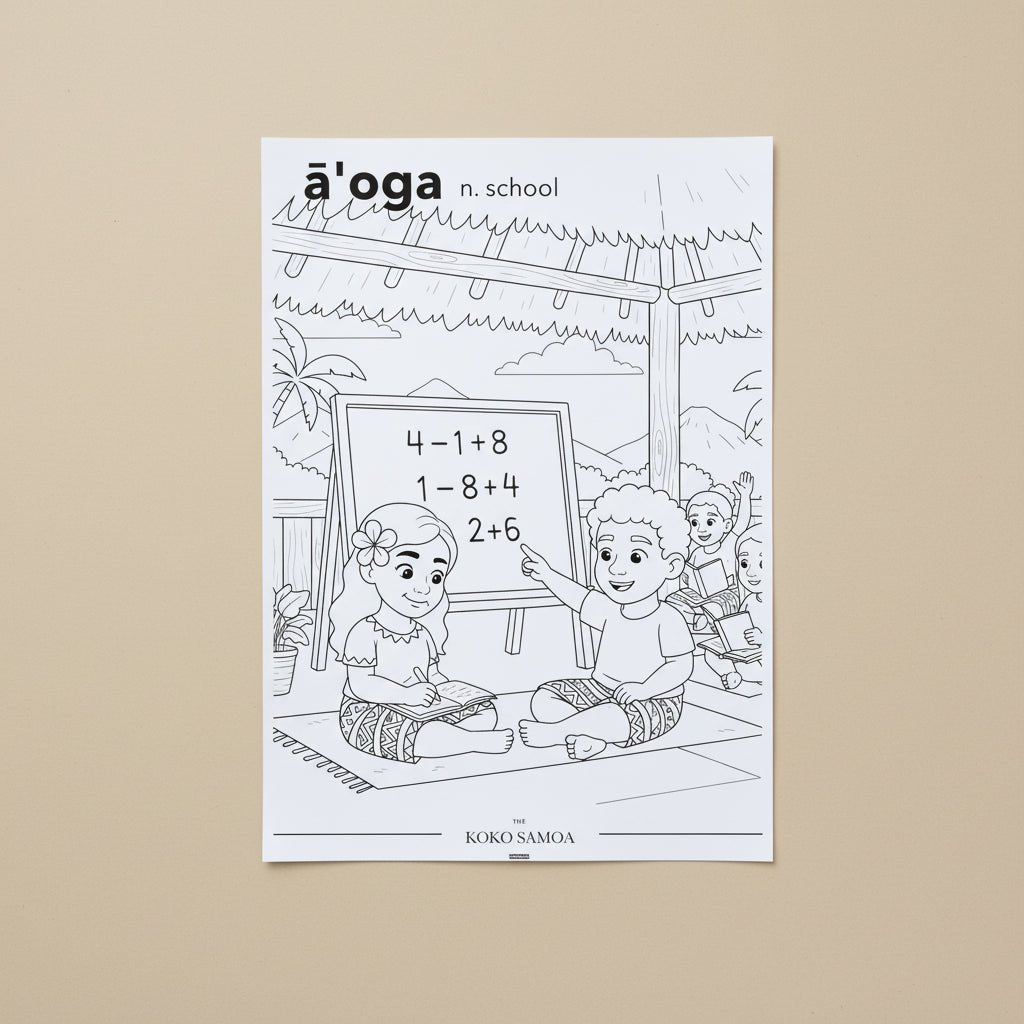 Downloadable Learn and Colour Sheet by THE KOKO SAMOA featuring educational designs for children in AU, NZ, and USA.