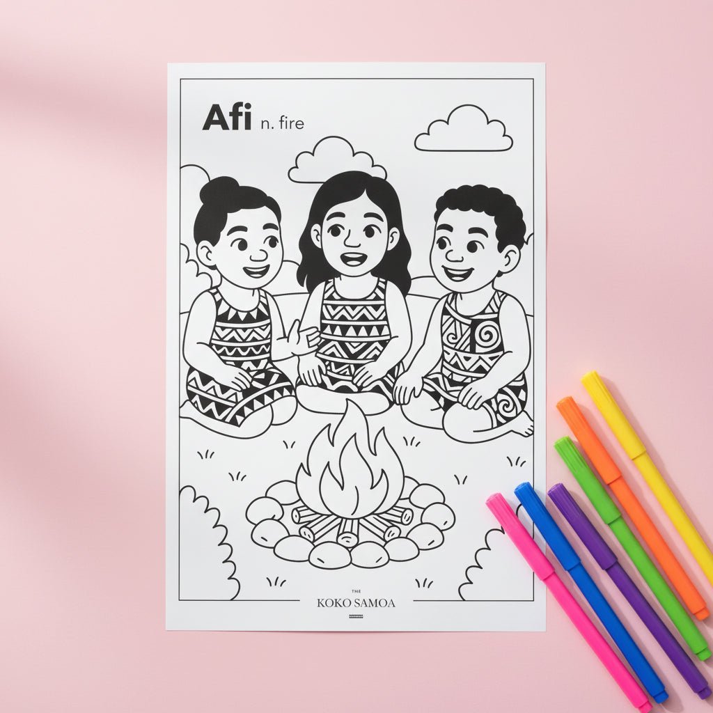 Downloadable Learn and Colour Sheet by THE KOKO SAMOA featuring Afi design for AU, NZ, and USA.