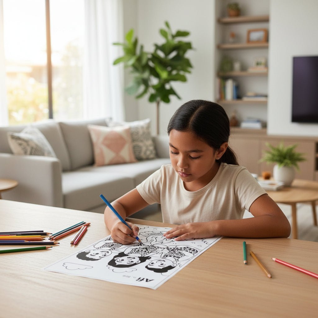 Downloadable Learn and Colour Sheet by THE KOKO SAMOA featuring Afi, suitable for AU, NZ, and USA audiences.