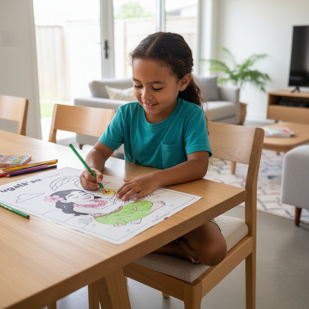 Downloadable Learn and Colour Sheet by THE KOKO SAMOA featuring Fugalā'au design for AU, NZ, and USA.