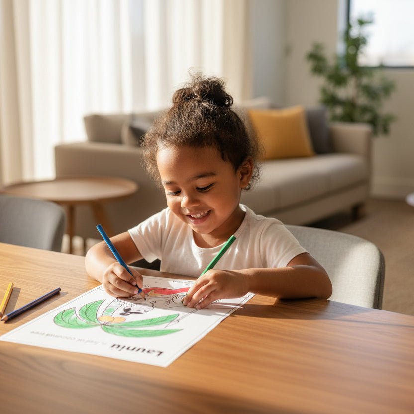 Downloadable Learn and Colour Sheet by THE KOKO SAMOA featuring Launiu design, suitable for AU, NZ, and USA audiences.