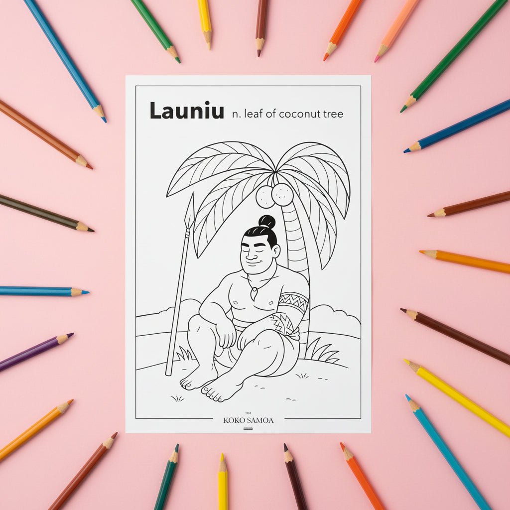 Downloadable Learn and Colour Sheet by THE KOKO SAMOA featuring Launiu design for AU, NZ, and USA audiences.