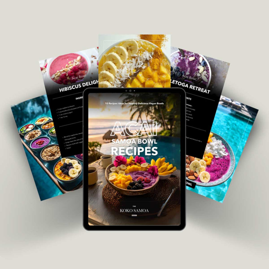 E-Book cover for The Koko Samoa's Acai Samoa Bowl Recipes featuring vibrant images of acai bowls on a colorful background.