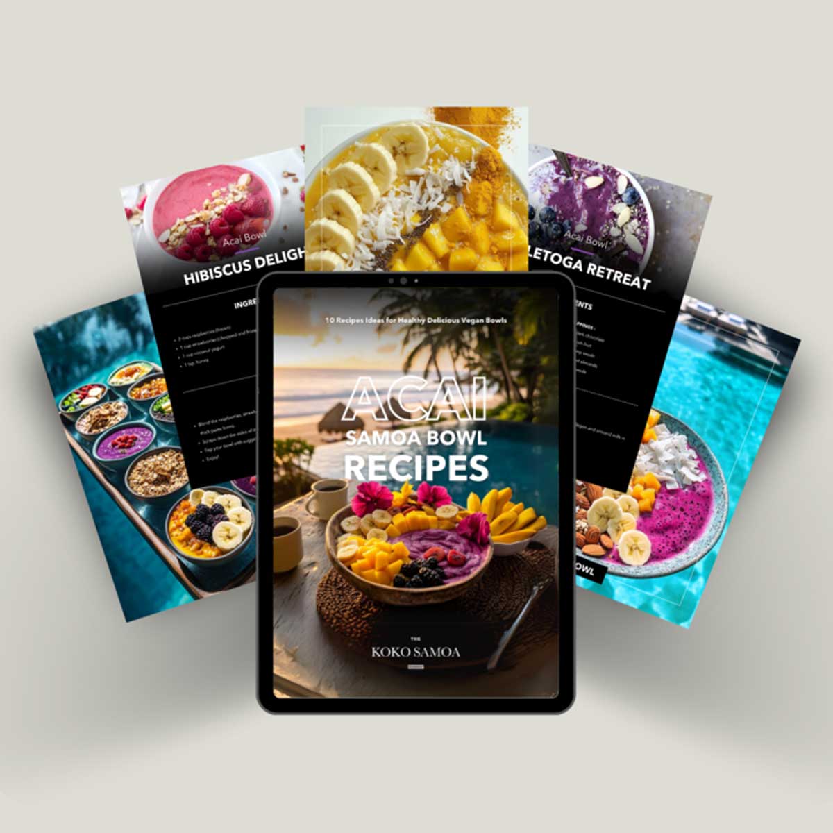 E-Book cover for The Koko Samoa's Acai Samoa Bowl Recipes featuring vibrant images of acai bowls on a colorful background.