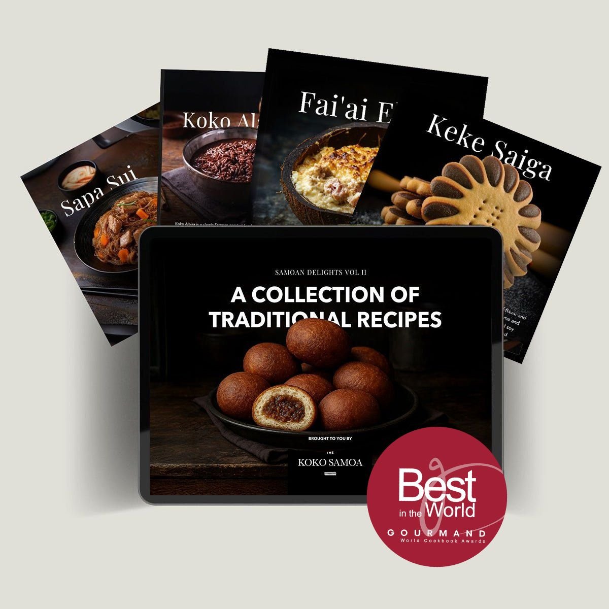 E-Book cover for Samoan Delights: Samoan Recipes Cookbook by The Koko Samoa, featuring traditional Samoan dishes.