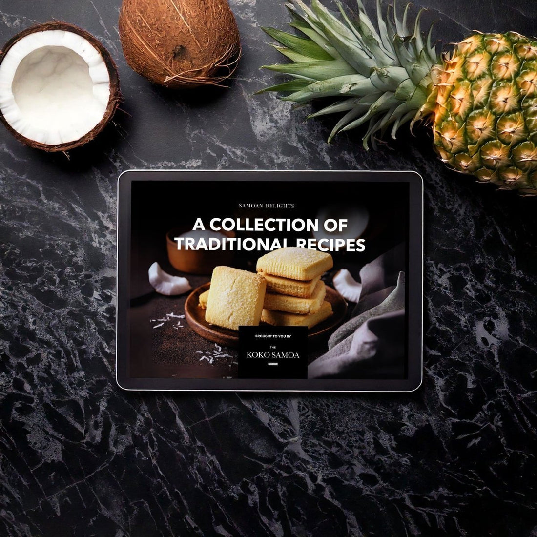 E-Book cover titled "Samoan Delights" by The Koko Samoa, featuring traditional Samoan recipes for AU, NZ, and USA readers.