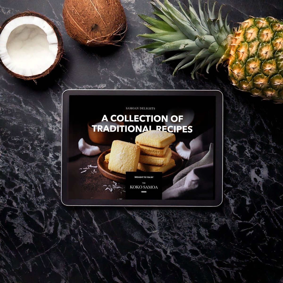 E-Book cover titled "Samoan Delights" by The Koko Samoa, featuring traditional Samoan recipes for AU, NZ, and USA readers.