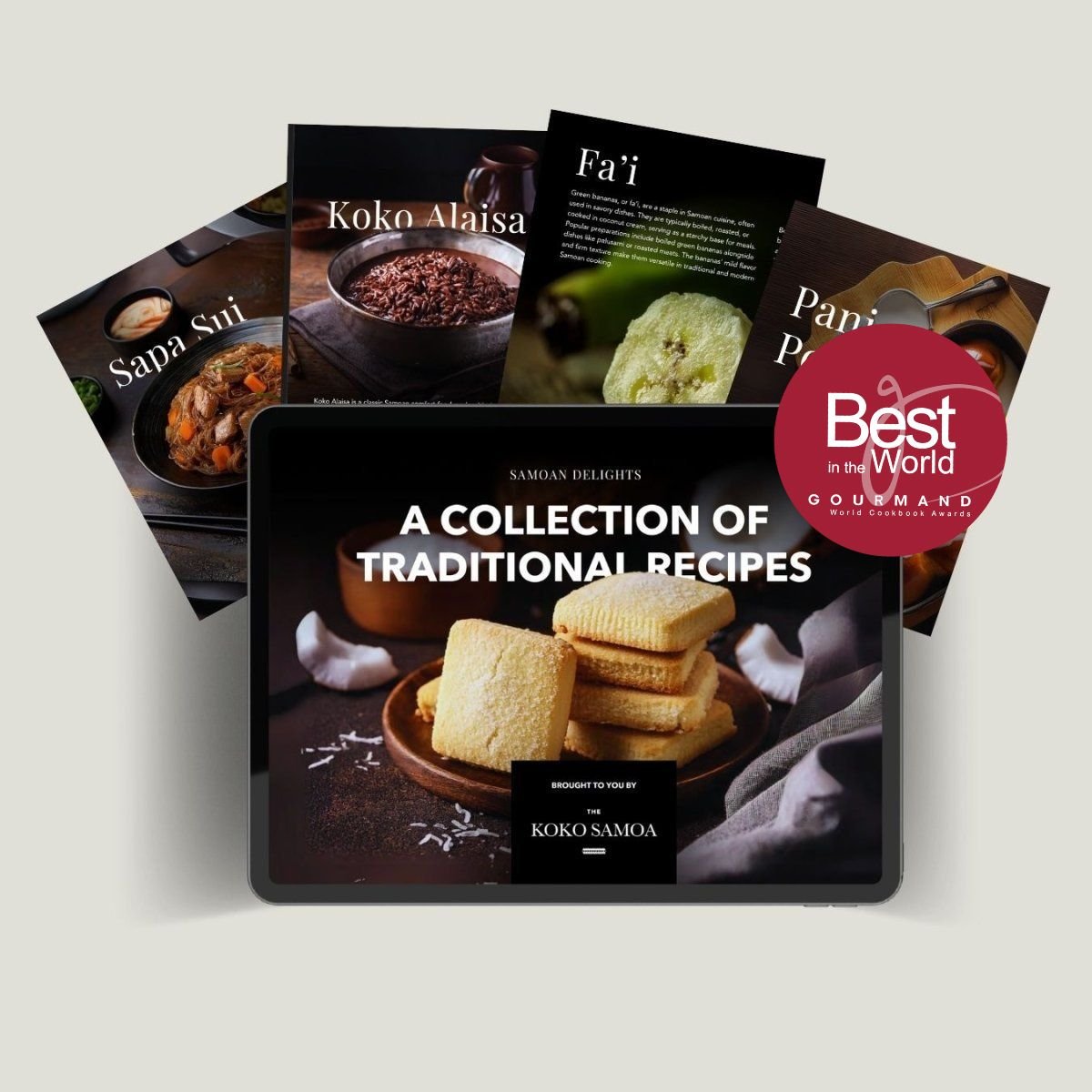 E-Book cover for Samoan Delights: Samoan Recipes Cookbook Vol 1 by The Koko Samoa, featuring traditional Samoan dishes.