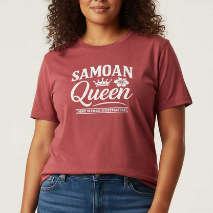 Unisex soft tee featuring Samoan Queen design by The Print Bar, displayed on a model with a focus on the graphic and fabric texture.