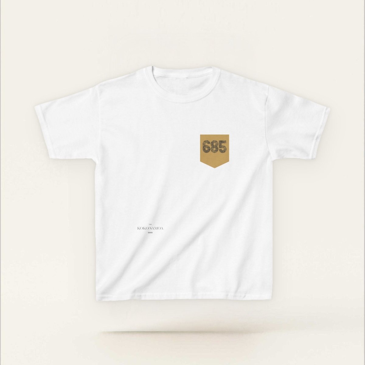 Kids unisex navy T-shirt with pocket by The Print Bar, casual kids clothes, front view showing the design and fit.