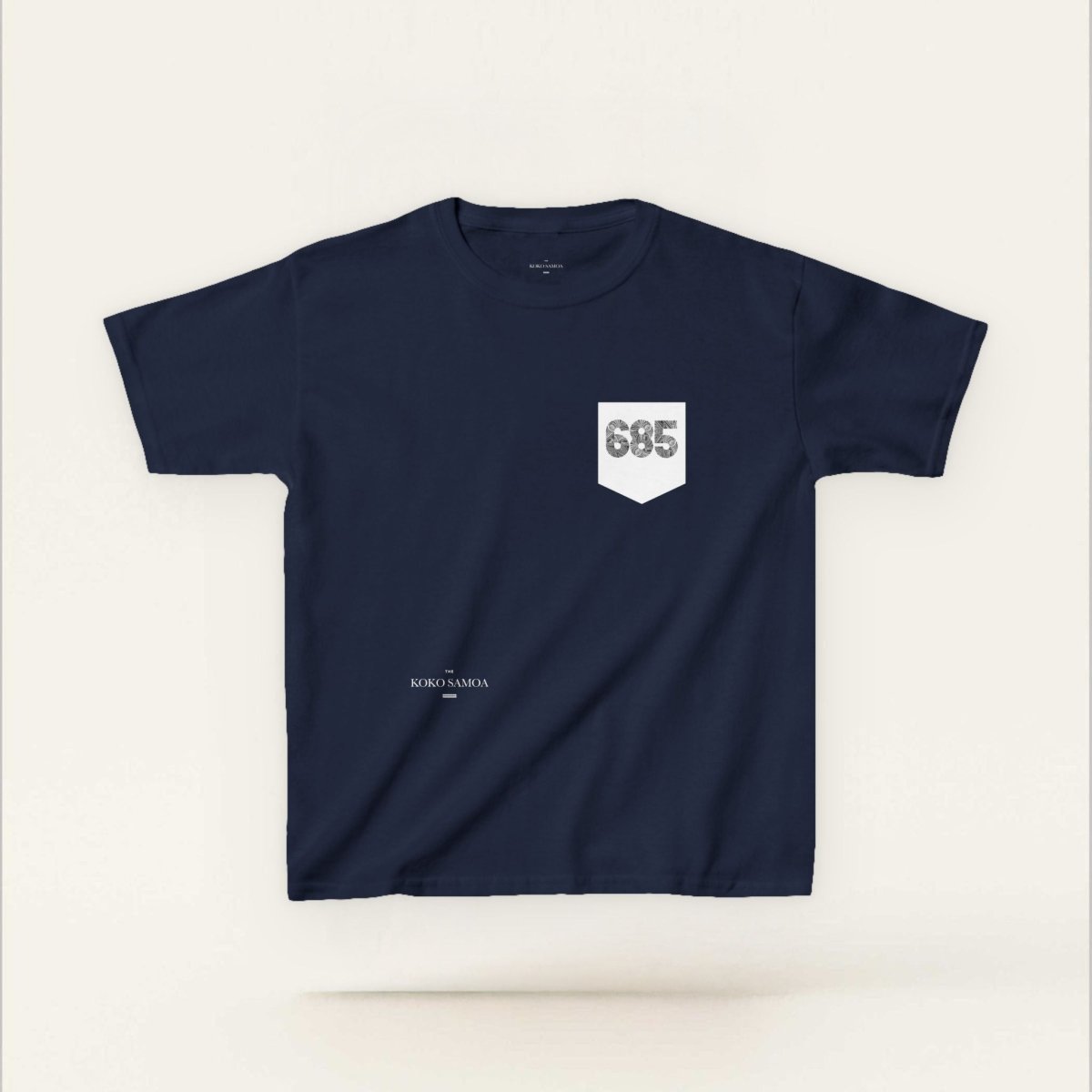 Navy kids unisex T-shirt with pocket from The Print Bar, casual kids clothes, front view showing design and fit.