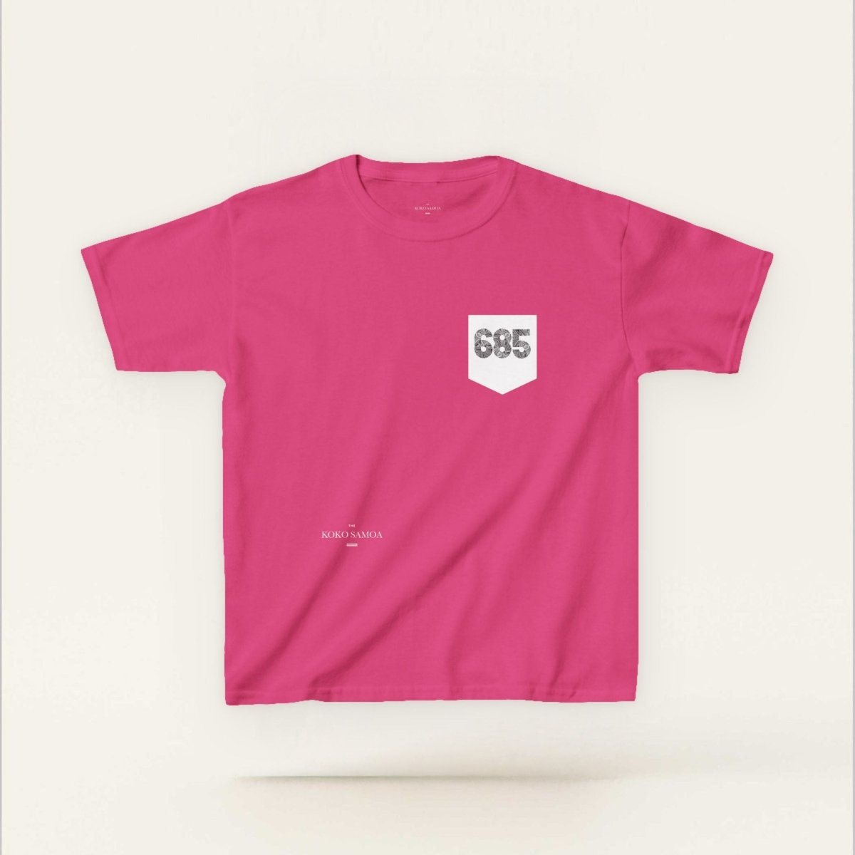 Kids unisex navy T-shirt with pocket from The Print Bar, casual kids clothing, front view showing the design and fit.